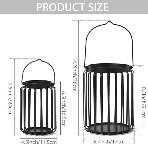 Farmhouse Lantern Decor Set of 2 - 9.5" & 14.2" Metal Candle Holders, Rustic Modern Vintage Style for Indoor Outdoor, Porch Patio Fireplace Mantle Wedding Decor (Black) - Image 4
