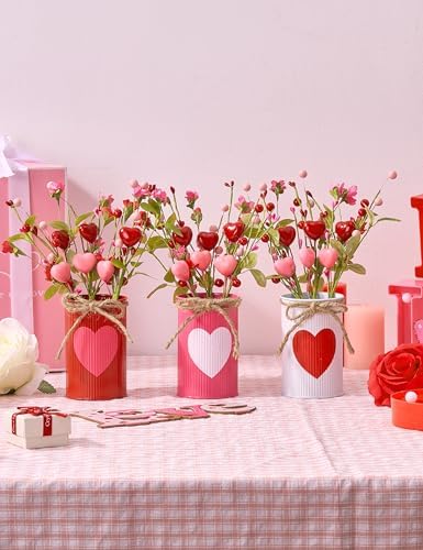 Valentines Day Centerpieces for Tables, Valentines Table Decor with 3 Printed Heart Metal Vases, Heart Artificial Flowers, 12 Pcs Valentine's Day Table Decorations Indoor for Home, Kitchen - Image 2