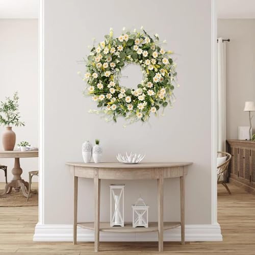 Sggvecsy White Daisy Wreath 24 Inch with Fake Silk Floral Green Eucalyptus Leaves and Lavender for Spring Summer Front Door Window Wall Wedding Farmhouse Festival Decor - Image 4