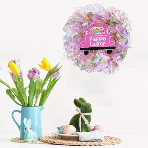 Easter Wreaths for Front Door with Lights,Easter Door Wreath,Easter Mesh Wreath,Bunny Spring Colorful Easter Decorations Holiday Ornament for Home Indoor Outdoor Supplies (Pink Car) - Image 3