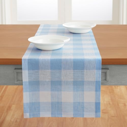 Solino Home 100% Pure Linen Table Runner Blue, Buffalo Check 14 x 144 in by SolinoHome