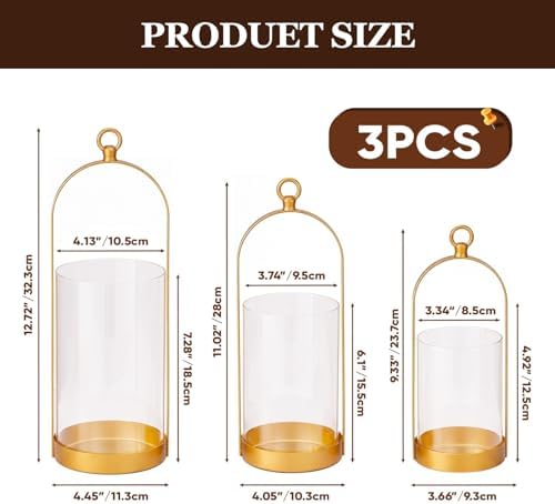 3 Pcs Glass Hurricane Candle Holders, Candle Lantern, 3 Sizes, Gold - Image 2
