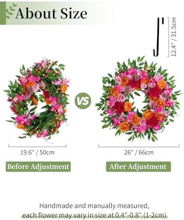 BLOSMON Summer Wreaths for Front Door, 26 Inch, Pink Orange, with Hanger - Image 3