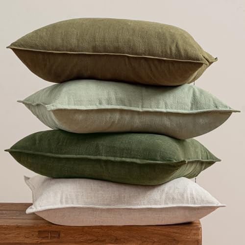 MIULEE Green and White Boho Linen Pillow Covers 20x20 Inch Pack of 4 - Image 3