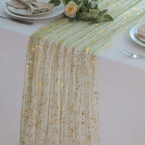 Snowkingdom 6Pcs 10Ft Sage Gold Gauze Sheer Table Runner by Snowkingdom