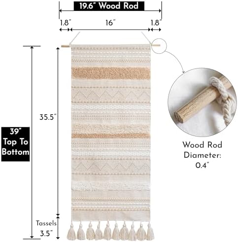 BlissBlush Long Vertical Wall Hanging Tapestry Woven Boho Farmhouse Decor Cream Beige Tassel Handmade Wall Art Decoration for Bedroom Living Room Dorm Nursery Apartment, 16x39 INCH - Image 5