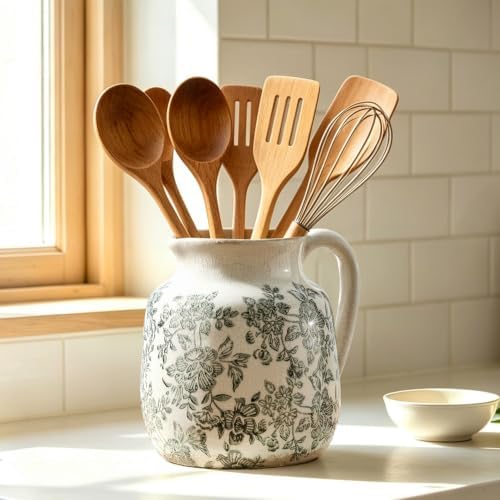 Ceramic Vintage Flower Vase, Utensil Holder, Chinoiserie Decorative Vase Decor Rustic Farmhouse Retro Floral Vases for Table Bookshelf Mantel Kitchen Living Room Office - 6.7” Gray 016 - Image 7