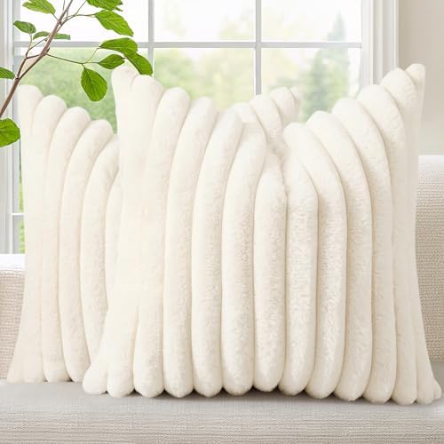 decorUhome Fall Faux Fur Throw Pillow Covers 24x24 Set of 2 Cream White by decorUhome