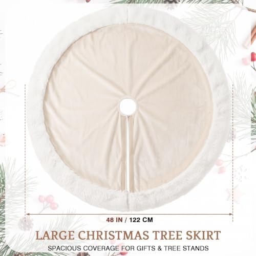 Skylety 48" Velvet Christmas Tree Skirt with Faux Fur Trim,Cream White - Image 2