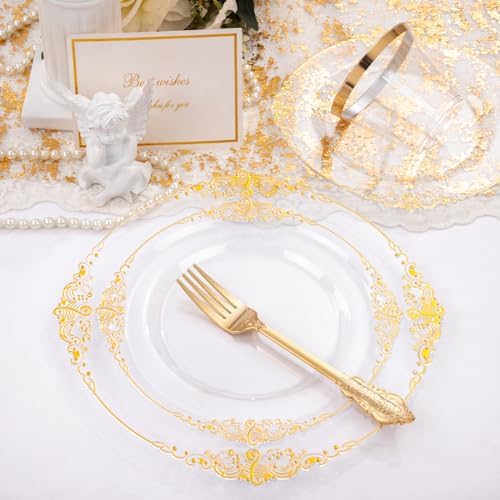 Nervure 175Pcs Clear Gold Plates, Disposable Party Plates for 25 Guests - Image 2