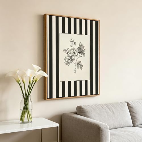Yellow Framed Stripes Flower Canvas Wall Art Large Black White Striped Floral Painting Decor Pictures Vintage Sketch Plant Orchid Bedroom Living Posters Prints for Corridor Kitchen Room Decoration - Image 6
