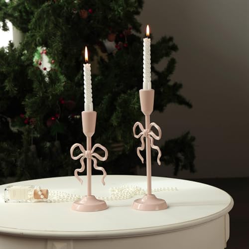 NIKKY HOME Vintage Elegant Pink Bow Iron Taper Candle Holders Set of 2 by NIKKYHOME