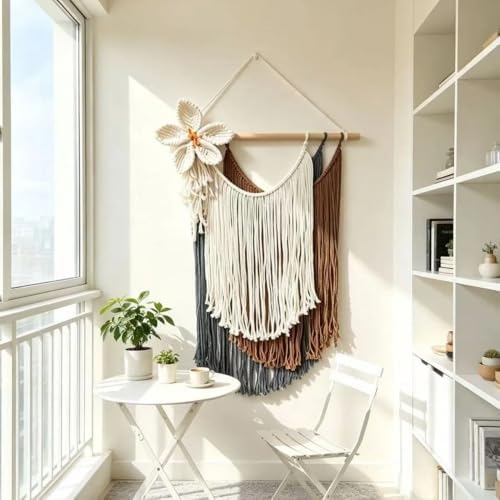 YRPZIQF Three-layered Tassels Cotton Rope Macrame Wall Hanging, Three-Dimensional Floral Wall Decor, Bohemian Wall Art for Living Room, Bedroom, Home Backdrop(Gray) - Image 6