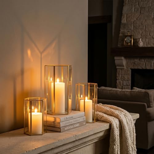 Gold Glass Hurricane Candle Holder Set of 3 Large Clear Hexagon Lanterns - Image 2
