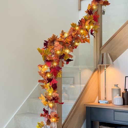 CQURE 8 Pack Fall Leaf Garland with Lights,Fall Decor Halloween Lights Artificial Maple Leaves Autumn Garland Hanging Vines Thanksgiving Decor for Home Christmas Autumn - Image 7