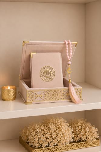 VOGUEHOMEDECOR Velvet Covered Quran and Pearl Tasbih in Wooden Decorative Box | Gift Islamic Set Birthday, Wedding Muslim Eid Ramadan (Pink) - Image 3