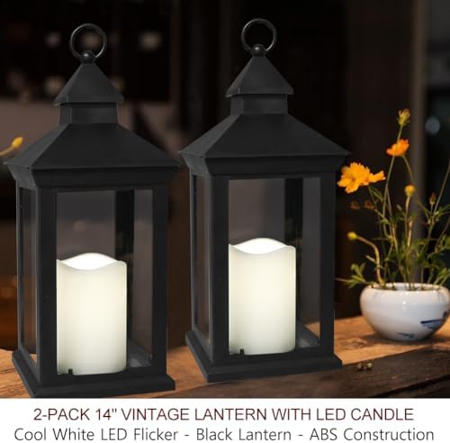 2-Pack 14" Candle Lanterns Outdoor Waterproof Decorative Flickering Lights with Timer - Cool White Decorative Indoor LED Lanterns Battery Operated - Image 2