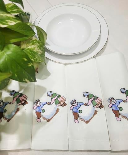 Embroidered Children Play with Snow Design Cloth Napkins Set of 6, 17"x17" Hemstitch Table Napkins Dinner Napkin Machine Washable for Dining Room, Daily & Holidays, Events, Great Present Ideas - Image 6