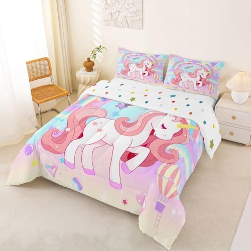 Unicorn King Cute Rainbow Unicorn Comforter Set - 3Pcs Kids Teens Girls Bedroom Decor - Cartoon Horse Duvet Set - Ombre Galaxy Bedding - Elegant Down Comforter - Image 3