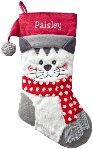 Let's Make Memories Personalized Christmas Stocking - Stockings for Family - Embroidered Name - Custom Christmas Decor - 8”x19” - Plush Friends - Cat by LetsMakeMemories