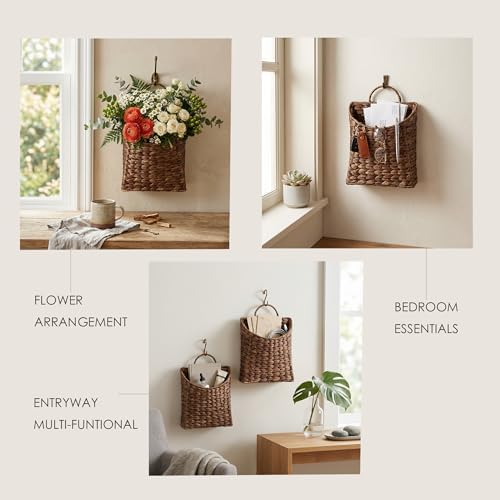 PINXIURY Water Hyacinth Hand Woven Basket, Wicker Hanging Wall Basket, handmade Decor & Storage Organizer for Entryway, Bathroom, Living Room, Farmhouse, and Front Door, 8.7 x 4.7 x 11.4 inch, Coffee - Image 3