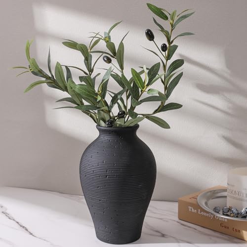 Ceramic Flower Vase Home Decor, 9 in Farmhouse Table Vases Rustic Vintage Living Room Kitchen Bedroom Pottery Decorative Vases for Flowers House Book Shelf Office Coffee Desk Dining Entryway, Black - Image 3