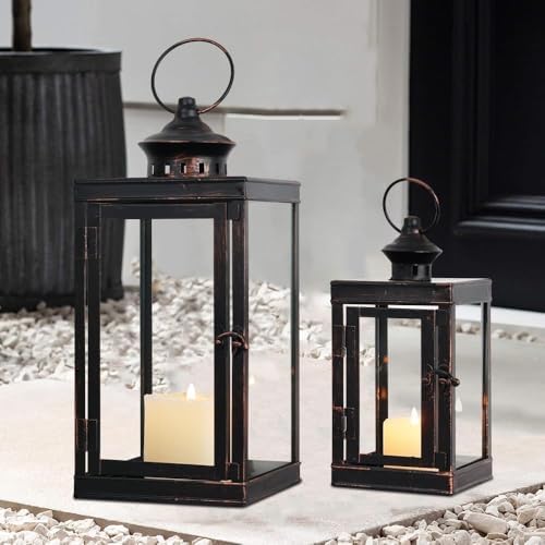 Large Lantern Decorative Outdoor & Indoor, Set of 2 (14’’&10’’) Metal Candle Lanterns Decor, Vintage Hanging Candle Holder for Front Porch Patio Wedding Farmhouse Home, Spring Decoration - Image 7