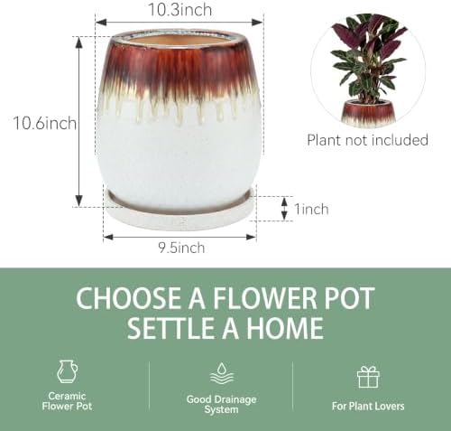 10.3 Inch Ceramic Glaze Plant Pot with Saucer, Flower Pots with Drainage Hole Mesh Net (Hemp-White) - Image 5