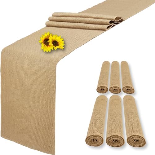 6 Pack 14 x 108 Inch Natural Burlap Table Runners,Rustic Jute Table Runner and Placemats Bulk for Western Wedding Table Decorations,Farmhouse Style Party,Holiday,Kitchen Coffee Table Decor Cover by Wlirantim