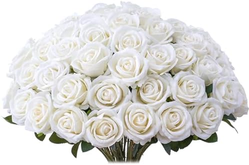 30 PCS Fake White Roses, Artificial White Flowers Bulk, Silk Faux Roses by Jefuzh
