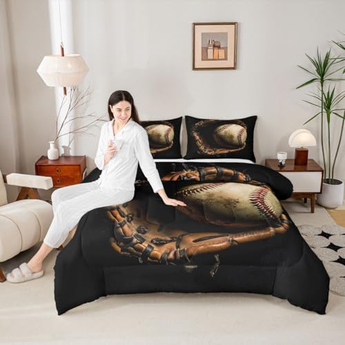 Erosebridal Baseball Comforter Set King Size Sports Game Bedding Baseball Player Duvet Insert for Kids Boys Teens Retro Style Quilt for Room Dorm Decorative, Brown Down Comforter - Image 4