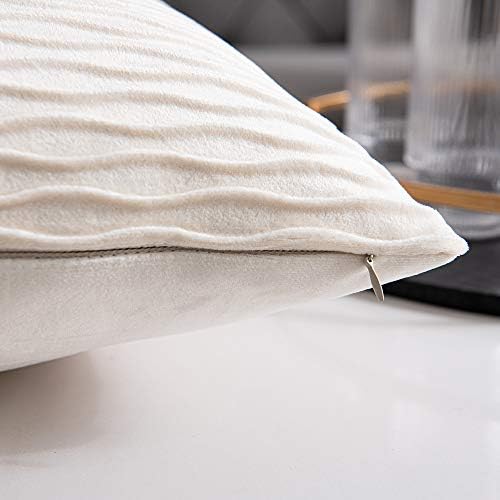 DEZENE Beige Couch Pillow Covers: Pack of 2 24x24 Inch Vertical Ripple Striped Velvet Square Throw Pillow Cases for Couch Sofa Bed Living Room Home Decor - Image 7