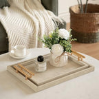 Modern Decorative Tray Set of 2 Ivory Shagreen Leather and Wood Serving Tray with Gold Polished Metal Handles for Ottoman, Coffee Table, Bathroom and More - Image 5