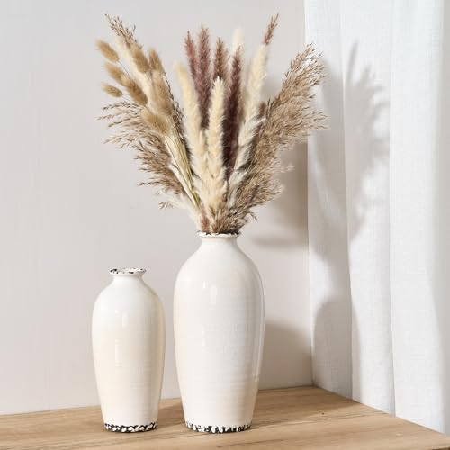 PORCER Ceramic Vases for Home Decor, Ice Crackle Aged White Vintage Ceramic Vase Set of 2, Minimalist Decorative Vase for Table Centerpiece Dining Living Room Office Nightstand Fireplace Decoration by PORCER