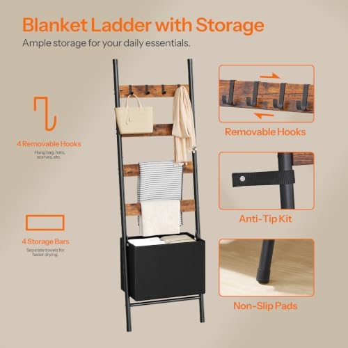 HOOBRO Blanket Ladder with Basket, 17.3" L x 74" H, Towel Rack with Hooks, Blanket Holder Rack, Decorative Ladder Shelf, Drying and Display Rack for Bathroom, Living Room, Rustic Brown BF111CJ01 - Image 6