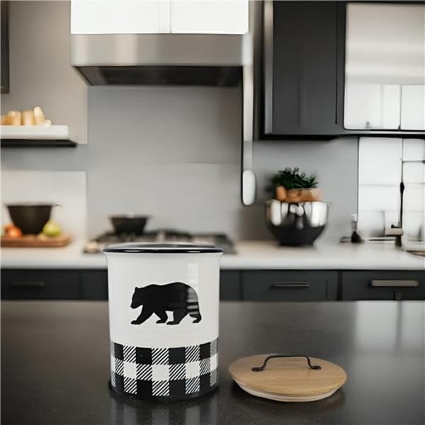 Young's Ceramic Treat Jar with Airtight Lid, Black and White Buffalo Plaid Bear Dog Treat Container, Decorative Cat Food Storage Canister - Image 2