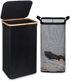 efluky 100L Laundry Basket with Lid and Net Bag, Tall Laundry Hamper with Bamboo Handles, Aesthetic Dirty Clothes Bin for Laundry Room, Bathroom, Bedroom and Dorm, Black by efluky