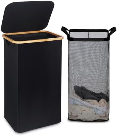 efluky 100L Laundry Basket with Lid and Net Bag, Tall Laundry Hamper with Bamboo Handles, Aesthetic Dirty Clothes Bin for Laundry Room, Bathroom, Bedroom and Dorm, Black by efluky