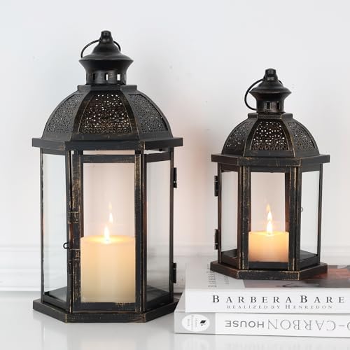 Large Lantern Decorative Outdoor & Indoor, Set of 2 (15’’&11’’) Metal Candle Lanterns Decor, Vintage Hanging Candle Holder for Front Porch Patio Wedding Farmhouse Home, Spring Decoration by DECORKEY