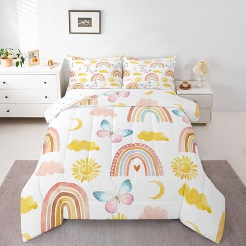 Rainbow Comforter Set King Size, Girls Butterfly Bedding Sets, Cartoon Rainbow Quilt Sets, Colorful Sun Clouds Comforters, Iridescent Print Down Comforter, Geometric Stripes Soft Lightweight Bedding by Erosebridal