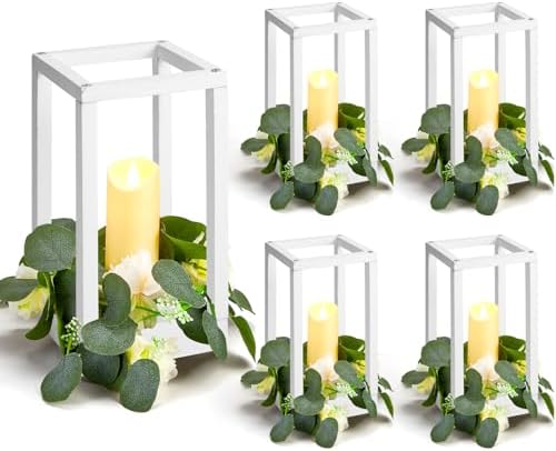Sabary 5 Sets/ 10 Pcs Wooden Lantern Centerpieces with Candles, White by Sabary