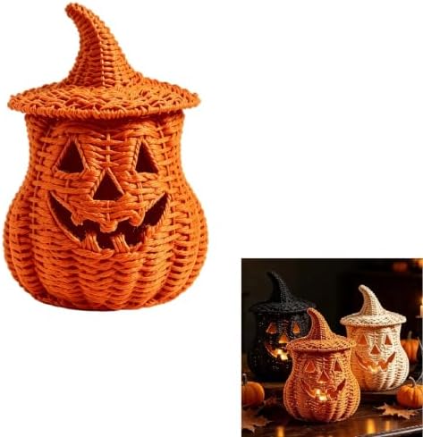 TREBIN 11'' Wicker Pumpkin Lantern Halloween Decor, Handwoven Rattan Halloween Candy Basket Jack O Lantern Candle Holder, Rustic Witch Hat Pumpkin Decoration for Tabletop Porch Mantel (Single-Saffron) - Image 2