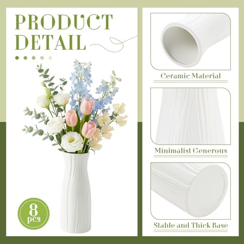 Qinyoung 8 Set White Ceramic Vases for Flowers, 8'' Small Vase, Trendy - Image 3