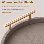 2 Piece Coffee Brown Round Serving Tray with Handles, Woven-Texture Faux Leather Ottoman Tray for Living Room, Decorative Tray for Coffee Table Home Decor - Image 5