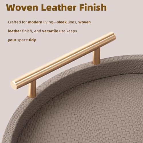 2 Piece Coffee Brown Round Serving Tray with Handles, Woven-Texture Faux Leather Ottoman Tray for Living Room, Decorative Tray for Coffee Table Home Decor - Image 5