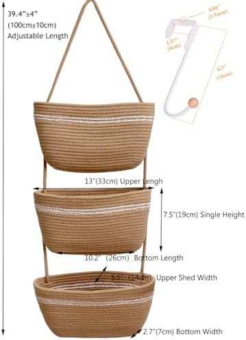 Over the Door Hanging Basket for Organizing 3 Tiers Woven Cotton Rope Wall Mount Storage basket Decorative Kitchen Hanging Organizer Bathroom include 1door hook Flaxen - Image 3