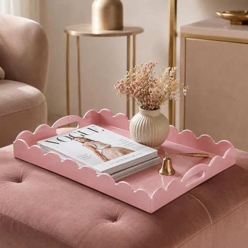 Gesodant Scalloped Glossy Plastic Lacquer Decorative Tray, 15.7 x 11.8 Inch Rectangle Serving Tray with Handles for Coffee Table, Ottoman, Bedroom Vanity, Living Room Centerpiece (Rectangle Pink) - Image 2