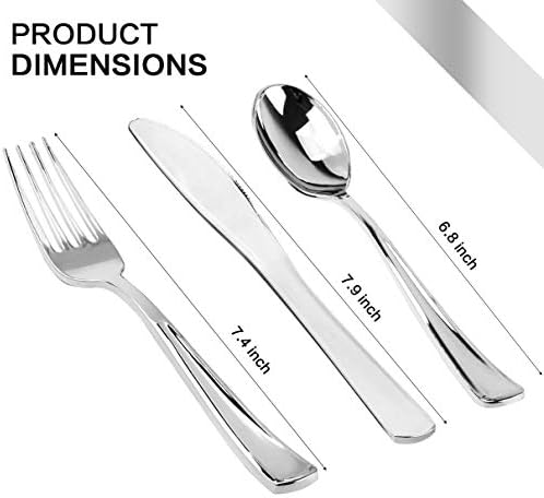 M MCIRCO ﻿175 Piece Silver Dinnerware Set,25 Silver Rim Plastic Plates, 25 Cups,25 Pre Rolled Napkins with Plastic Silverware, Disposable Dinnerware Set for 25 Guest - Image 3
