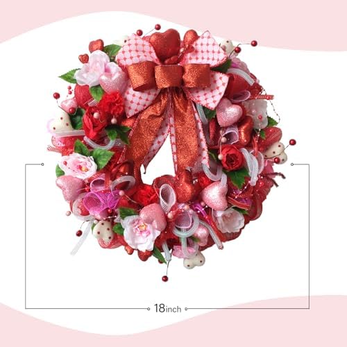 TEMPUS 18 Inch Pink Red Mesh Wreath with 3D Heart Valentine's Day Bow for Front Door Decorations - Image 4