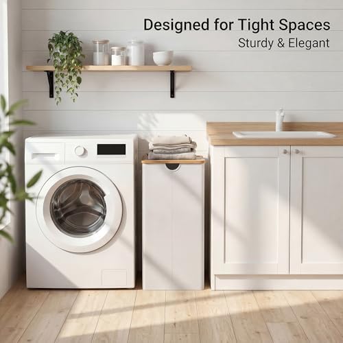 efluky Slim Laundry Basket with Lid, Narrow Laundry Hamper with Removable Bag, Skinny Dirty Clothes Basket with Bamboo Handles for Bathroom, Bedroom & Laundry Room, 90L Beige - Image 6